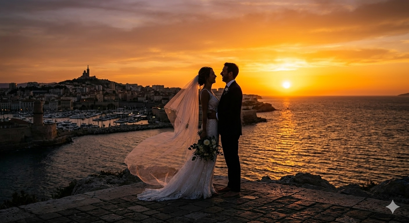 Séance photo mariage Marseille coucher de soleil